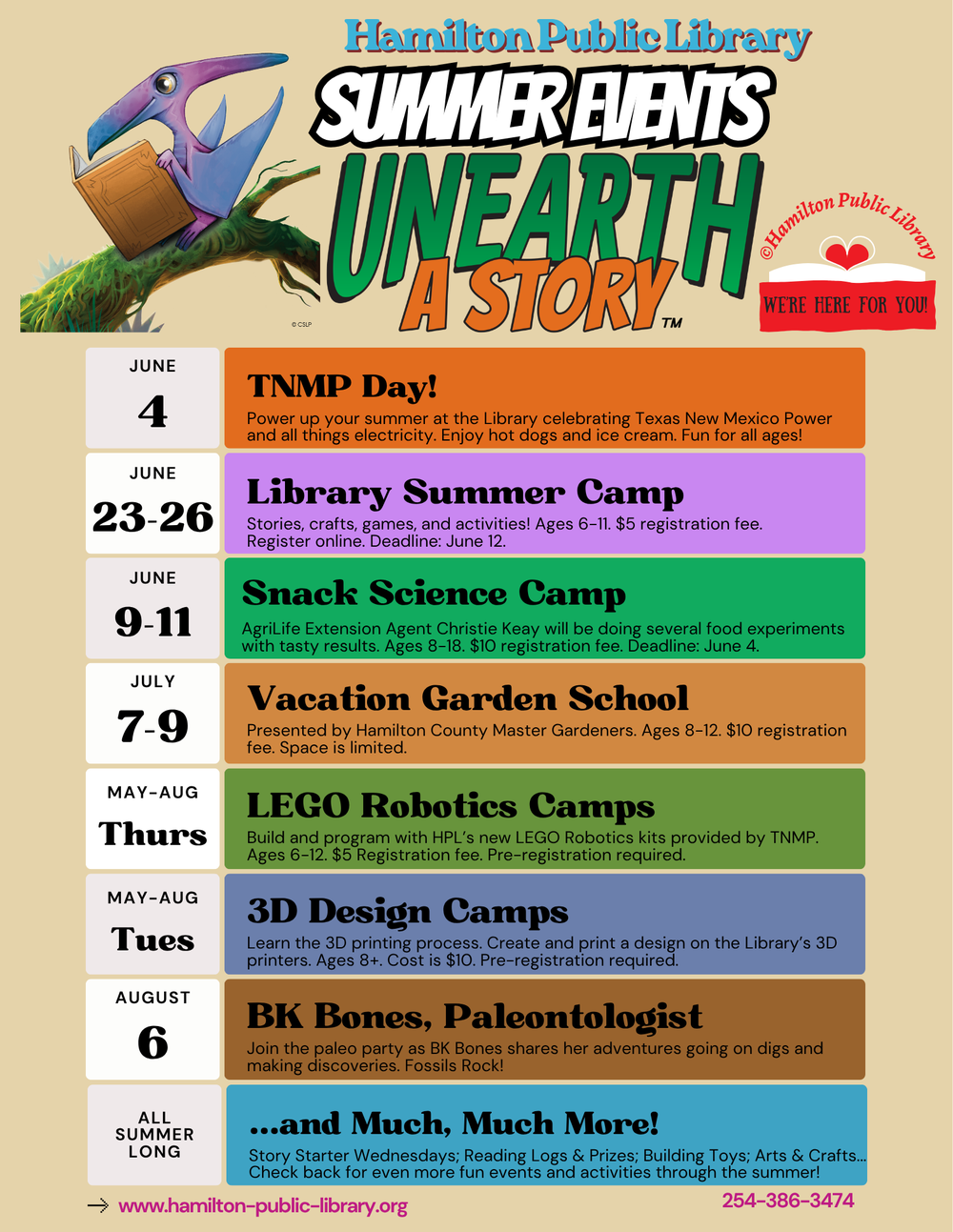 Hamilton Public Library Summer Events: Unearth a Story. June 4: TNMP Day! Power up your summer at the Library celebrating Texas New Mexico Power and all things electricity. Enjoy hot dogs and ice. Fun for all ages! June 23-26: Library Summer Camp. Stories, crafts, games, and activities! Ages 6-11. $5 registration fee. Register online. Deadline: June 12. June 9-11: Snack Science Camp. AgriLife Extension Agent Christie Keay will be doing several food experiments with tasty results. Ages 8-18. $10 registration fee. Deadline: June 4. July 7-9: Vacation Garden School. Presented by Hamilton County Master Gardeners. Ages 8-12. $10 registration fee. Space is limited. May-Aug Thursdays: LEGO Robotics Camps: Build and program with HPL's new LEGO Robotics kits provided by TNMP. Ages 6-12. $5 registration fee. Pre-registration required. May-Aug Tuesdays: 3D Design Camps. Learn the 3D printing process. Create and print a design on the Library's 3D printers. Ages 8+. Cost is $10. Pre-registration is required. August 6: BK Bones, Paleontologist. Join the paleo party as BK Bones shares her adventures going on digs and making discoveries. Fossils Rock! All Summer Long: ...and Much, Much More! Story Starter Wednesdays; Reading Logs & Prizes; Building Toys; Arts & Crafts... Check back for even more fun events and activities through the summer!