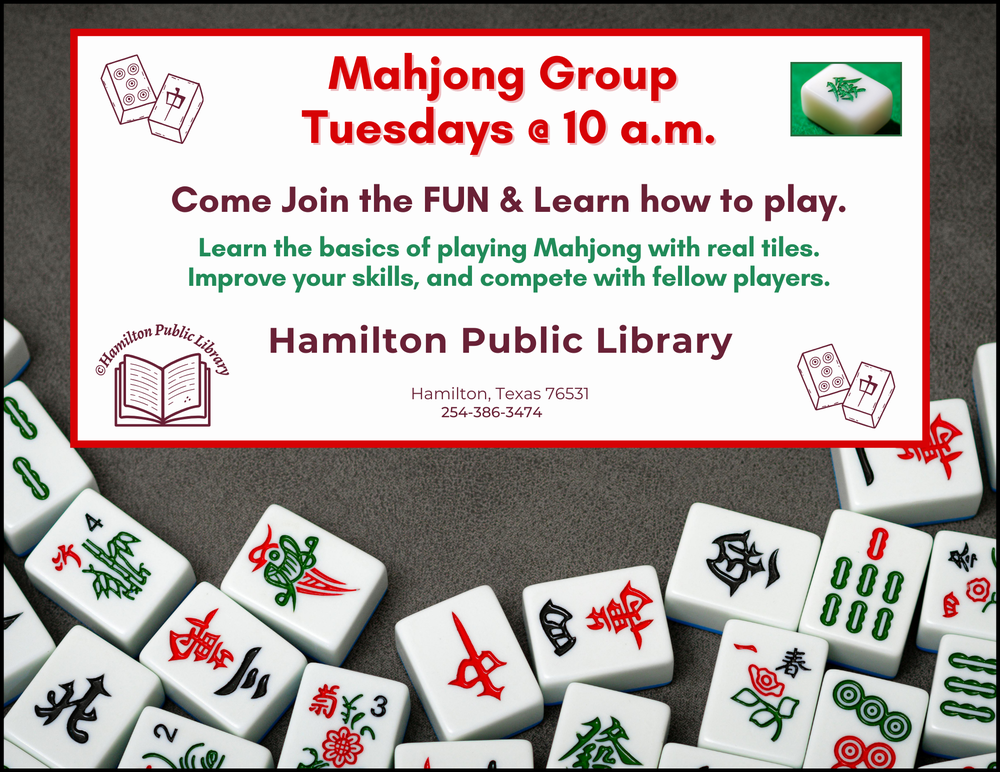 Mahjong Group Mahjong Group. Tuesdays @ 10 a.m. Come Join the FUN & Learn how to play. Learn the basics of playing Mahjong with real tiles. Improve your skills, and compete with fellow players.