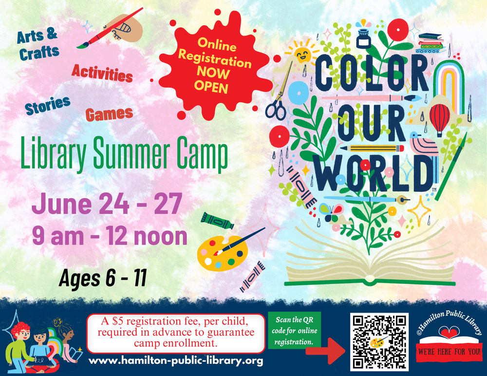 Library Summer Camp. June 24-27. 9 am - 12 noon. Ages 6-11. A $5 registration fee, per child, required in advance to guarantee camp enrollment.