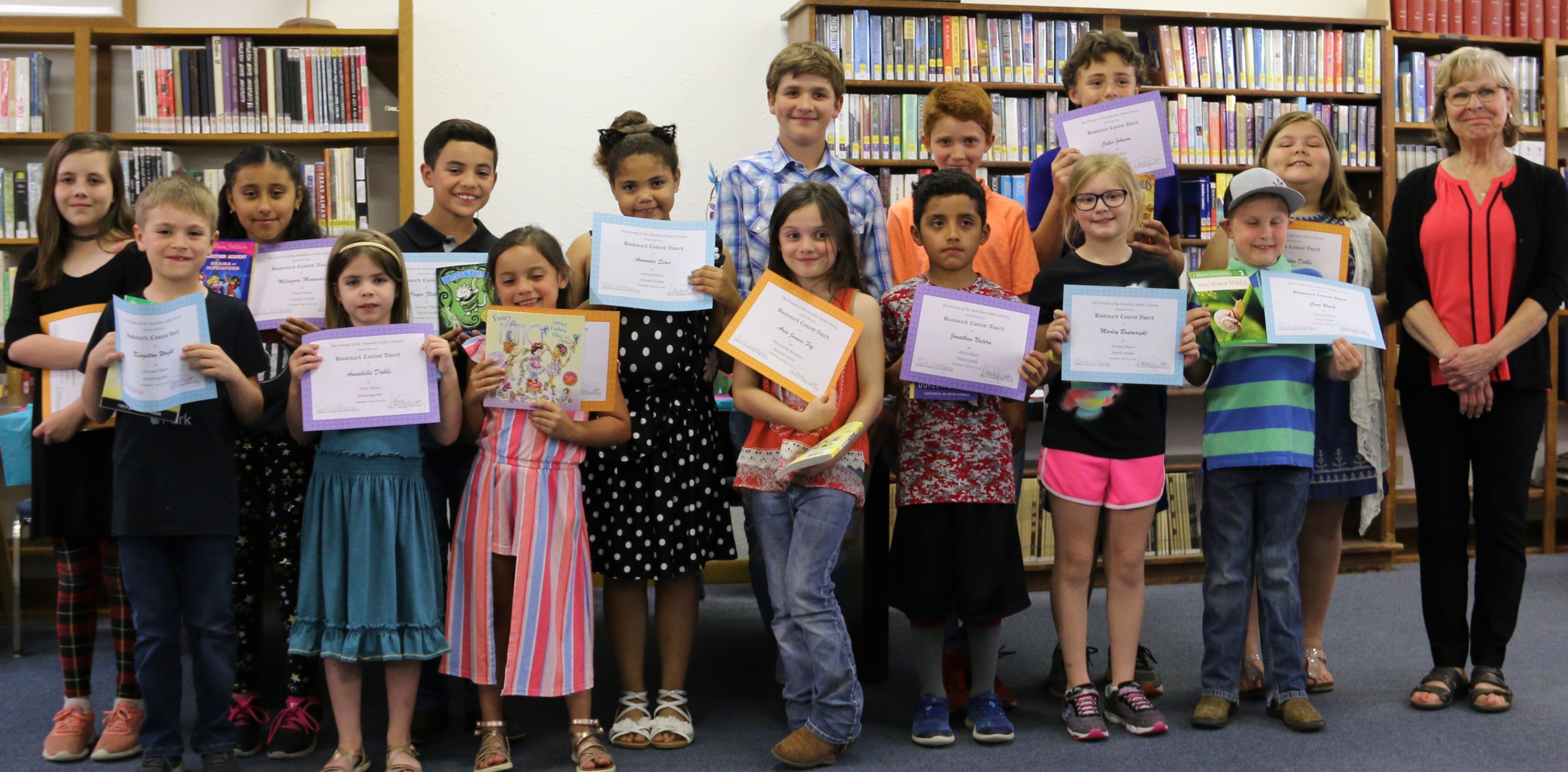 2019 Bookmark winners with Mrs. Patricia Keoughan, art teacher.jpg